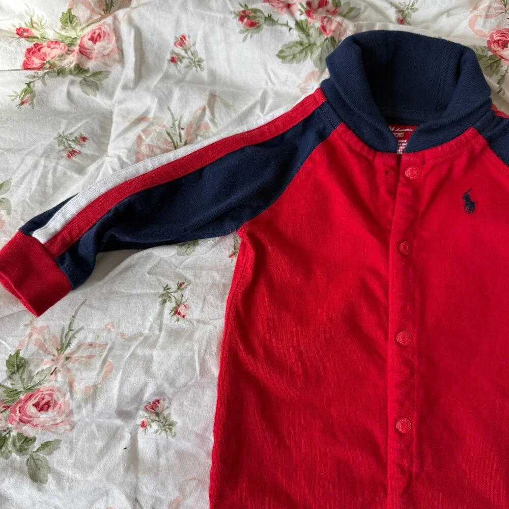 Ralph Lauren Baby Boy Shawl-Collar Cotton Coverall Bodysuit Red Blue 6M Pony